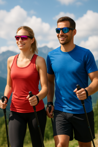 Paar beim Nordic Walking